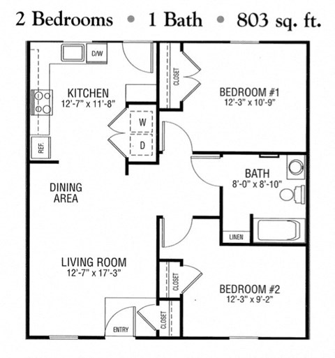 Floor plan for 2 beds, 1 bath, 803 sqft
